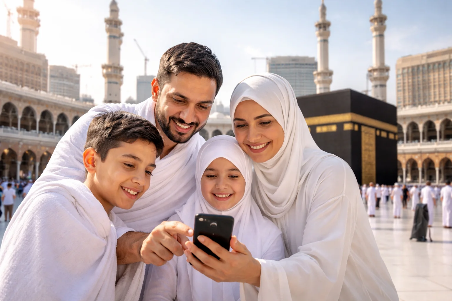Blog 5 A Muslim family performing Umrah in Makkah uses umrah apps on a mobile phone to guide their rituals, with the Kaaba and the beautiful Masjid al-Haram visible in the background.