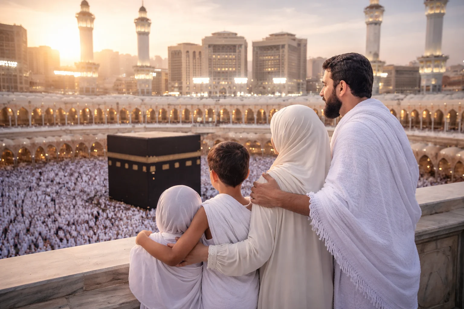 Blog 4 A family standing together with emotional expressions while watching the Kaaba in Makkah, experiencing their First-Time Umrah 2026 journey with awe and devotion.