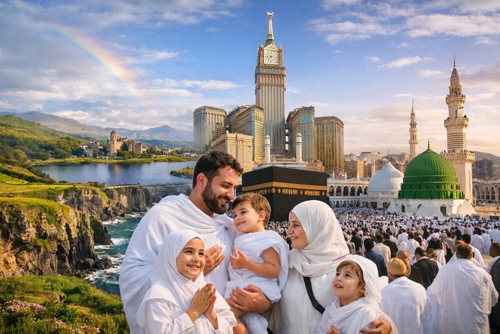 Home 54 Family performing Umrah in Makkah with Kaaba and Madinah mosque view, representing cheap Umrah packages Ireland for pilgrims travelling from Ireland