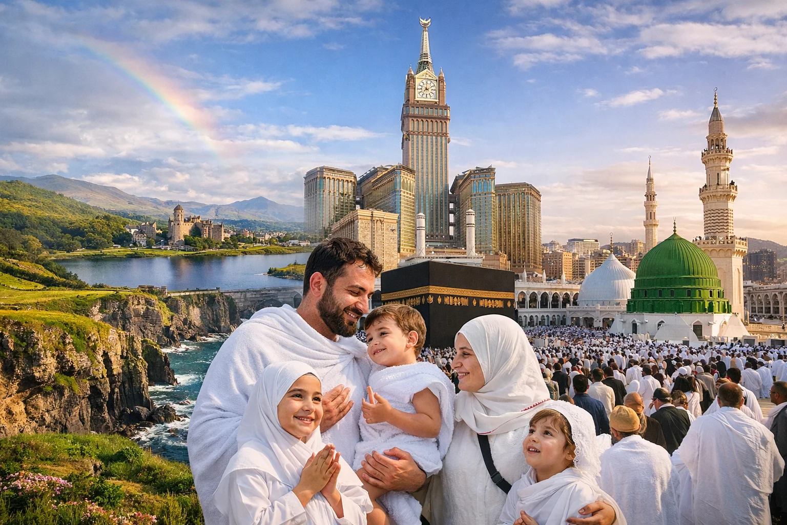 Family performing Umrah in Makkah with Kaaba and Madinah mosque view, representing cheap Umrah packages Ireland for pilgrims travelling from Ireland