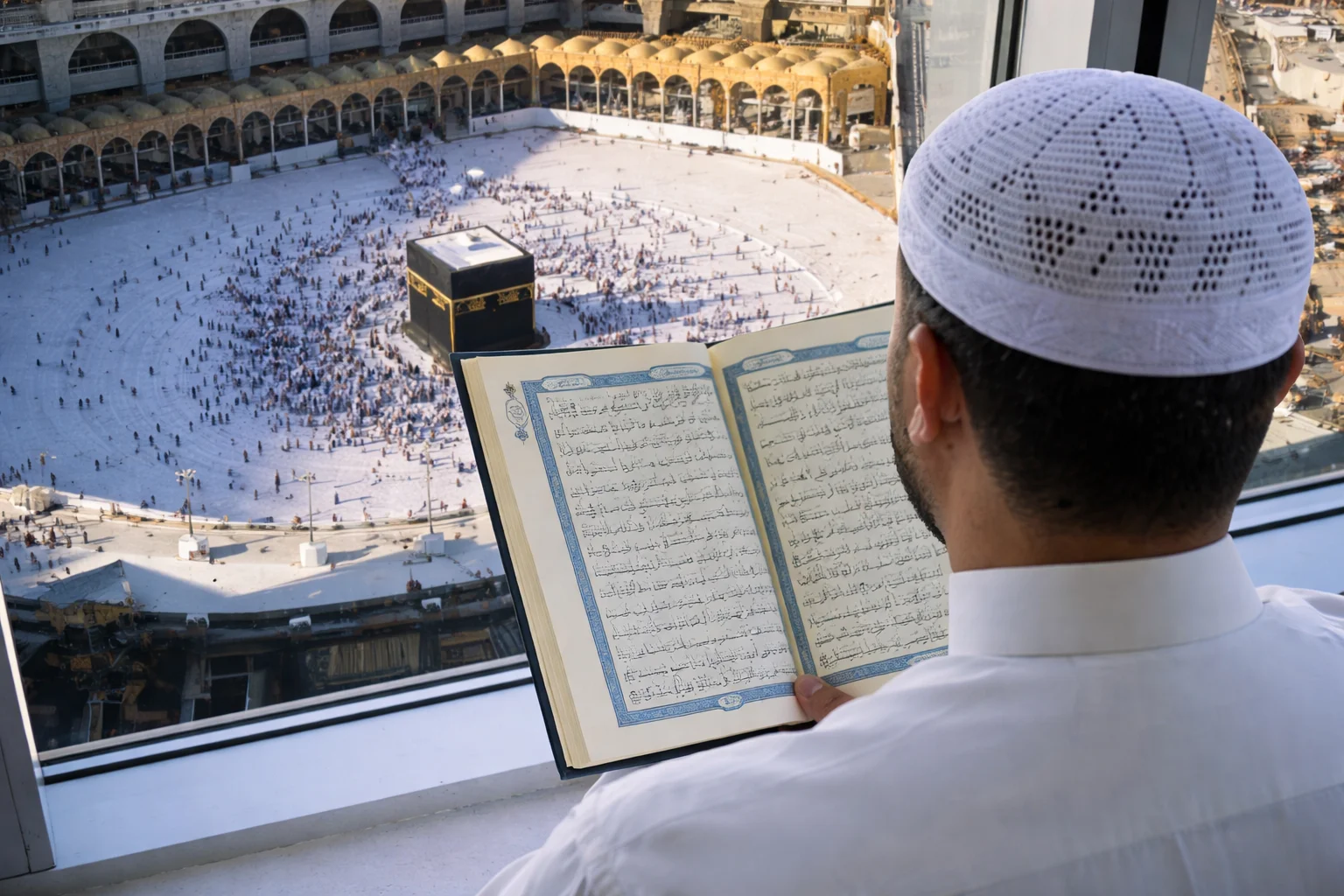 Man reading Quran Near Kaaba from his room viewing beautiful Mecca's scene and enjoy Luxury Umrah packages Ireland.