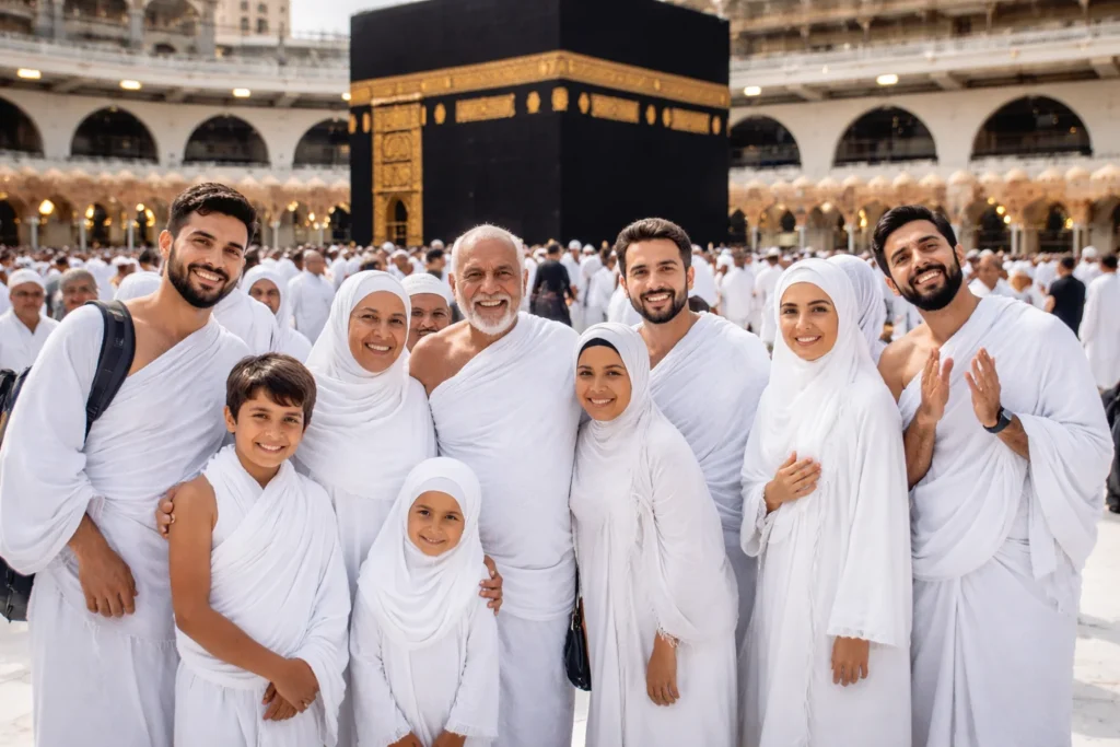 Home 54 Group Umrah packages Ireland pilgrims performing Umrah together in Makkah in front of the Holy Kaaba, wearing ihram and sharing a spiritual family journey.