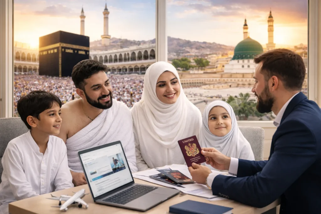 Home 54 Family consulting with Umrah travel agent in Ireland for Umrah Visa Ireland, with beautiful real views of Makkah and Madinah in the background