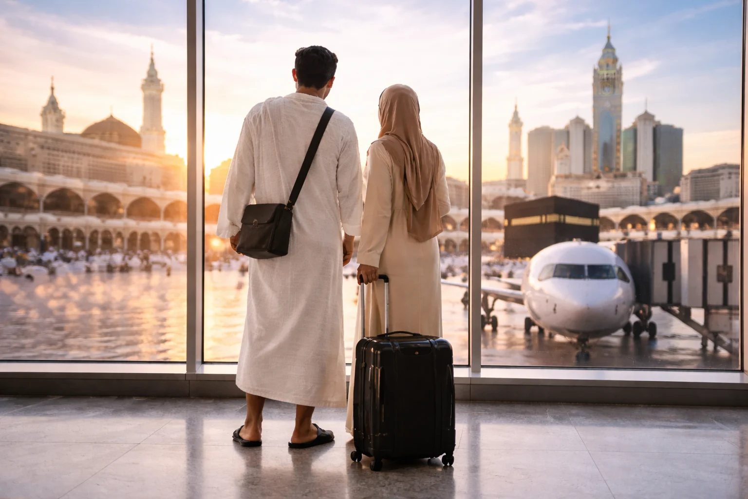 Muslim couple preparing for Umrah at an airport with Makkah and the Kaaba reflected in the glass, representing the best time for Umrah Ireland pilgrims planning their sacred journey