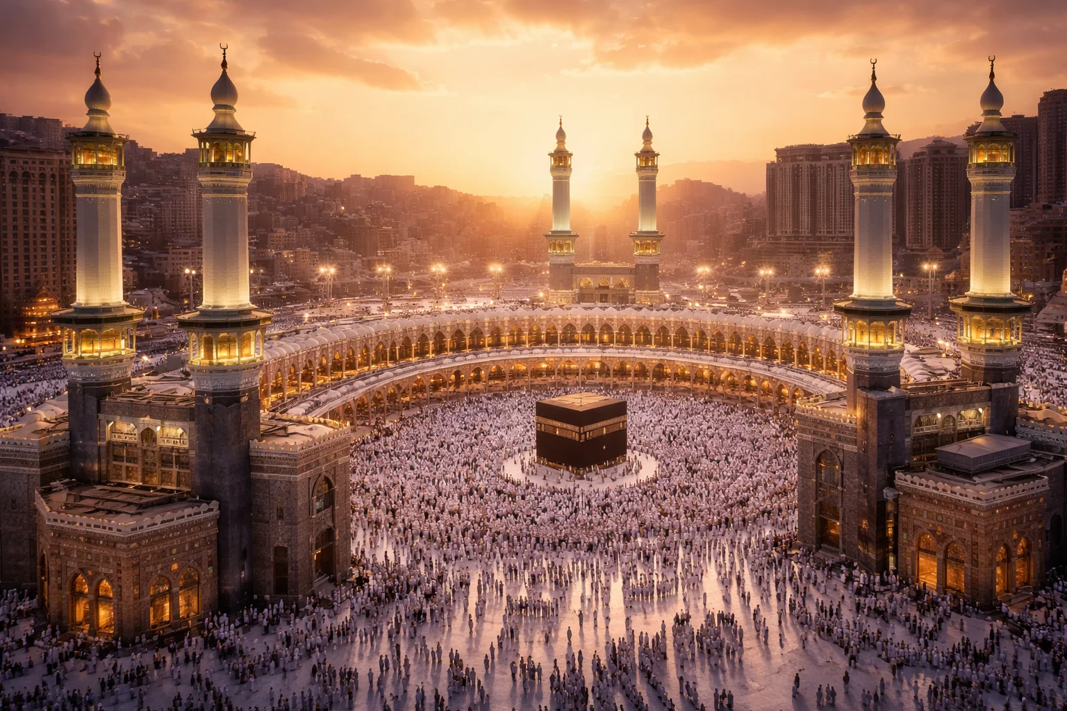 Stunning sunset aerial view of Masjid al-Haram in Makkah with the Kaaba surrounded by pilgrims performing Tawaf, illustrating Umrah packages comparison Ireland for Irish pilgrims planning their spiritual journey.