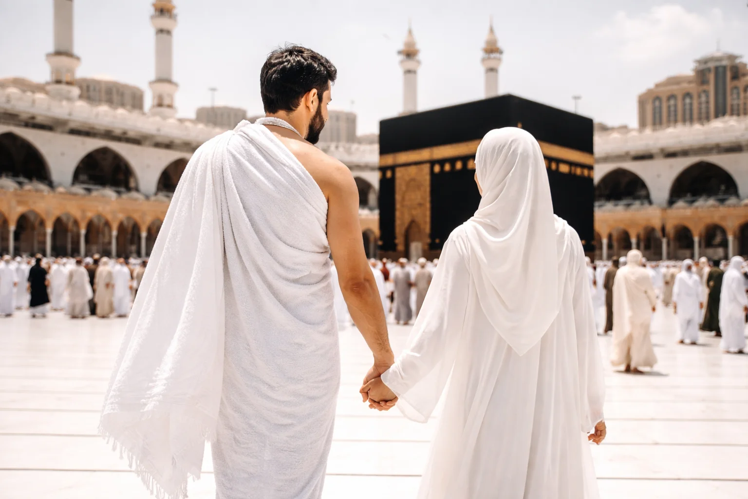 Beautiful Muslim couple in ihram walking hand in hand toward the Kaaba in Makkah during Ramadan, representing Ramadan Couple Umrah Packages Ireland journey together.