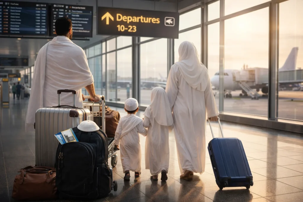 Home 54 Family at airport departing for Last-Minute Umrah Packages Ireland with luggage and Ihram, heading to Saudi Arabia for pilgrimage.