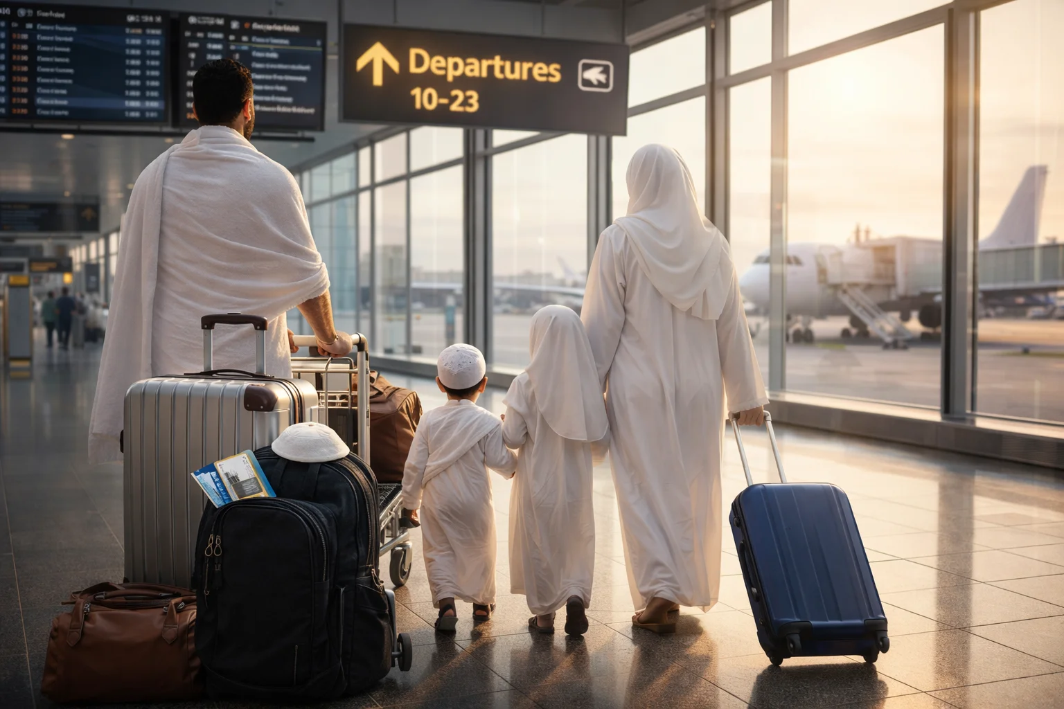 Family at airport departing for Last-Minute Umrah Packages Ireland with luggage and Ihram, heading to Saudi Arabia for pilgrimage.