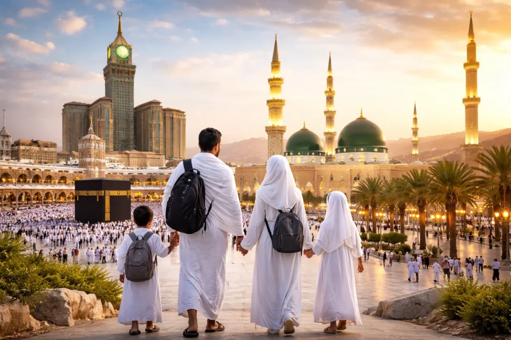 Home 56 A Muslim family walking together towards the Kaaba with a stunning view of Makkah and Madinah, symbolizing the spiritual journey of Umrah in Shaban 2026.