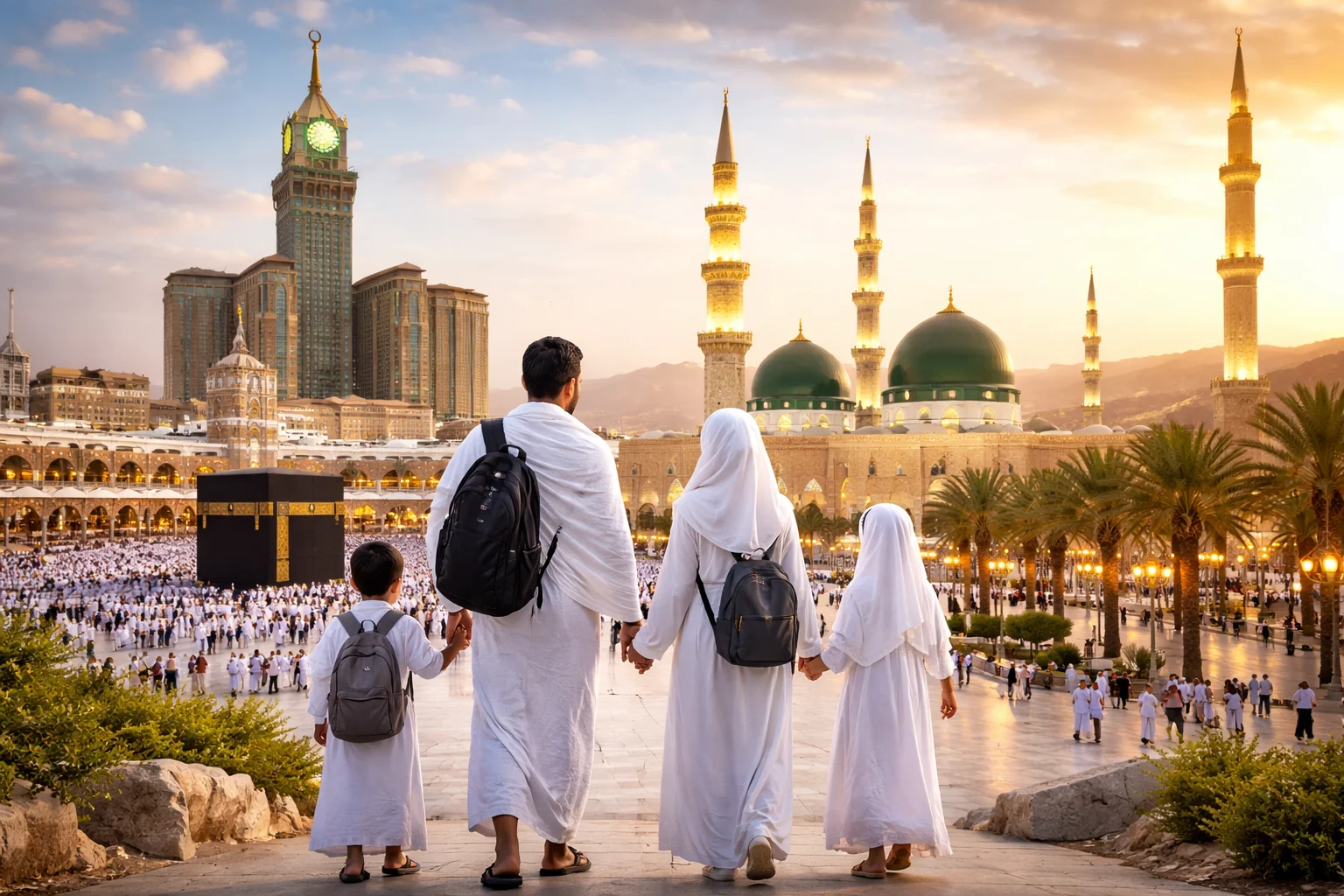 Blog 3 A Muslim family walking together towards the Kaaba with a stunning view of Makkah and Madinah, symbolizing the spiritual journey of Umrah in Shaban 2026.