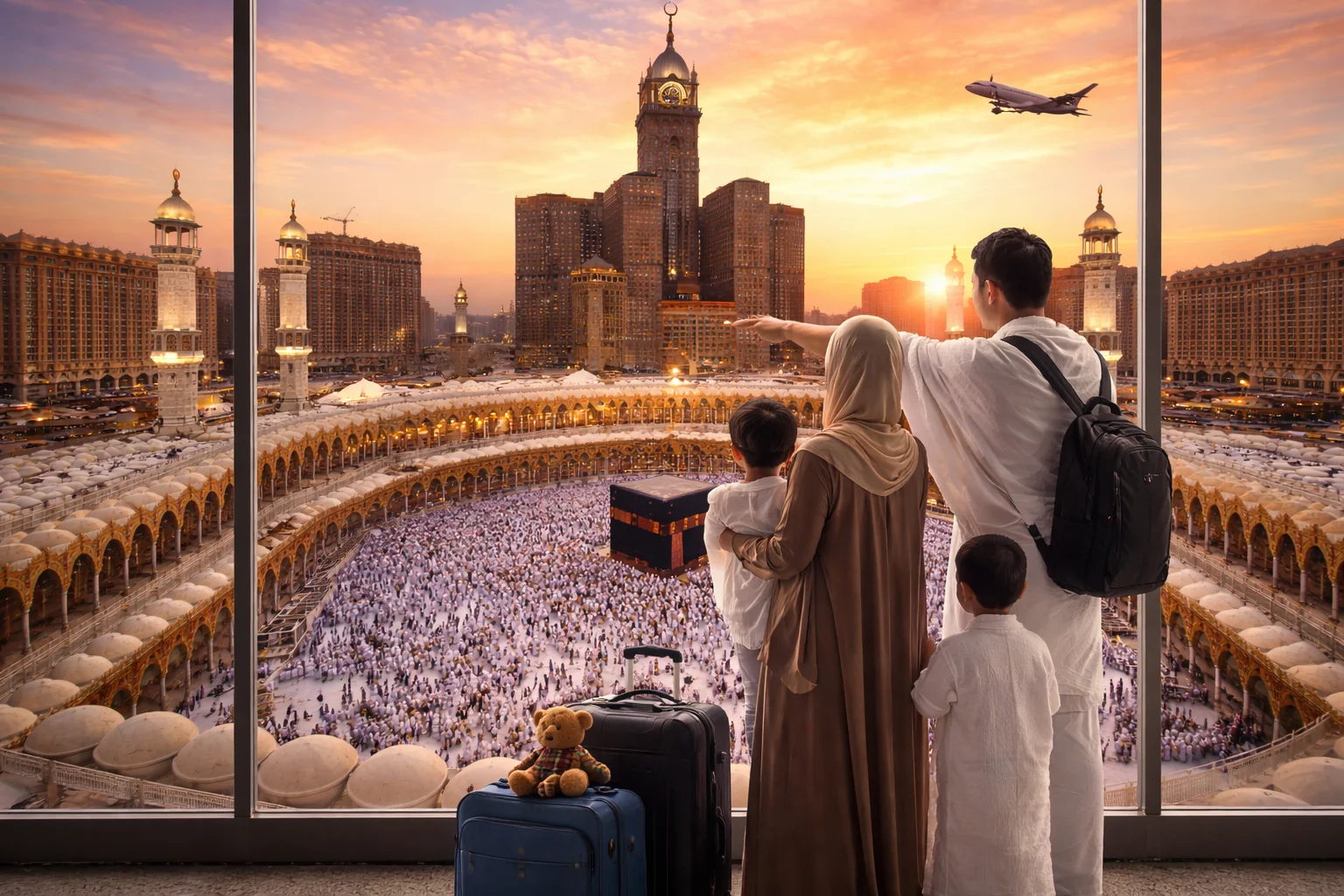 Scottish Muslim family at airport overlooking the Kaaba in Mecca at sunset with luggage, representing Umrah Packages Scotland 2026 journey.