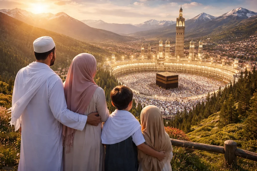 Home 54 Cheap Umrah Packages Scotland – Scottish Muslim family overlooking beautiful Makkah skyline with Kaaba at sunset, symbolic spiritual journey from Scotland to Haram.