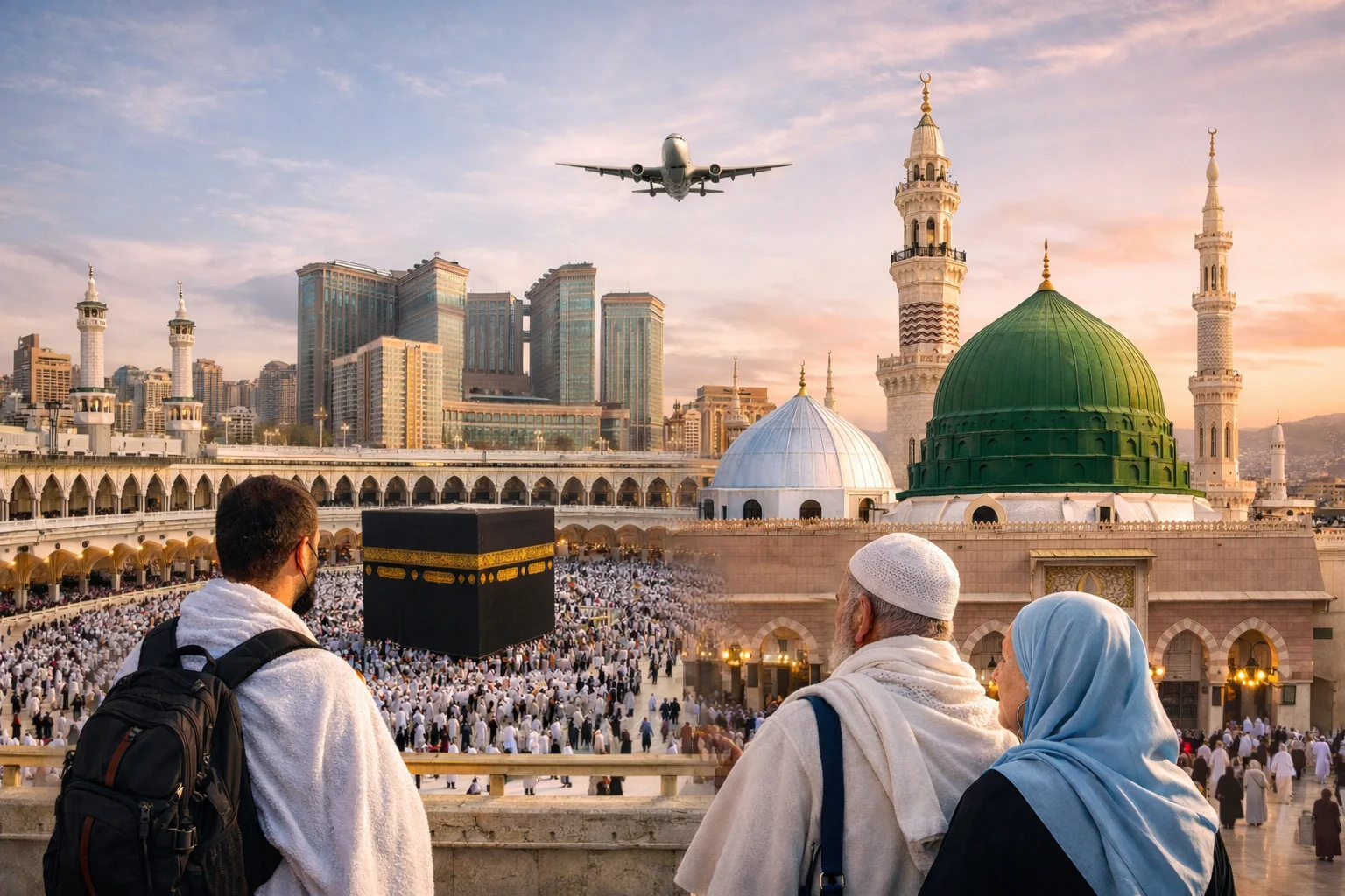 Group Umrah Packages Scotland pilgrims performing Tawaf at the Kaaba in Makkah with view of Masjid al-Haram and Green Dome in Madinah during spiritual journey from Scotland.