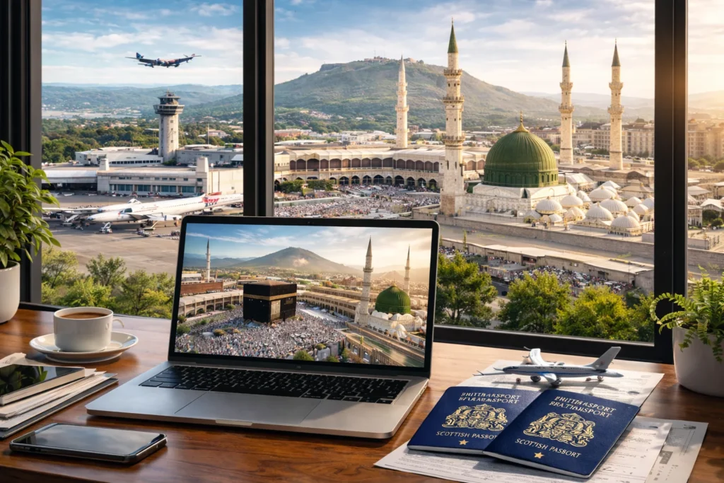 Home 54 Desk view showing Scottish passports, travel documents, and a laptop displaying Mecca and Medina, with Edinburgh Airport visible through the window – perfect representation of Umrah Visa Requirements Scotland preparation.