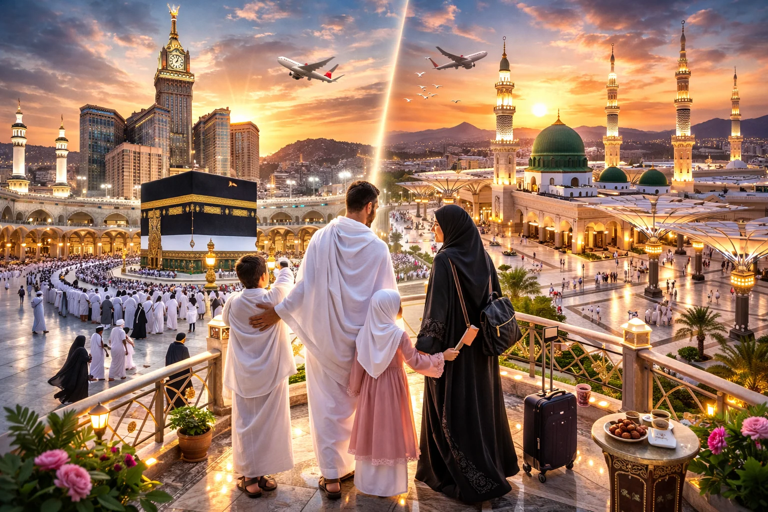 Family pilgrims viewing Makkah and Madinah during the Best Time to Perform Umrah from Scotland with peaceful winter atmosphere