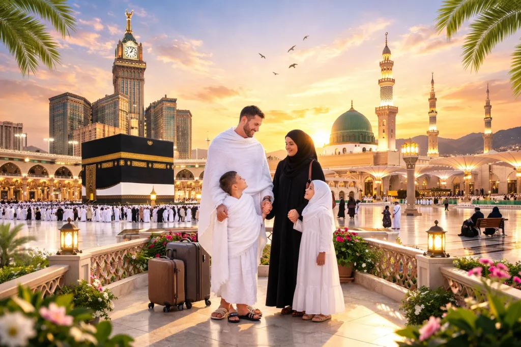 Home 54 family enjoying best Scotland to Mecca Umrah Tours with complete package from UK.