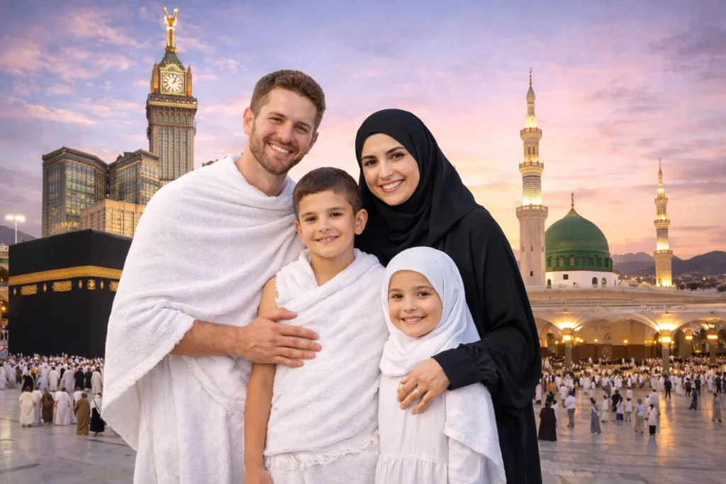 Home 54 ATOL Protected Umrah Packages Scotland showing a Scottish Muslim family performing Umrah together at Masjid al-Haram in Mecca and also view of beautiful Medina.