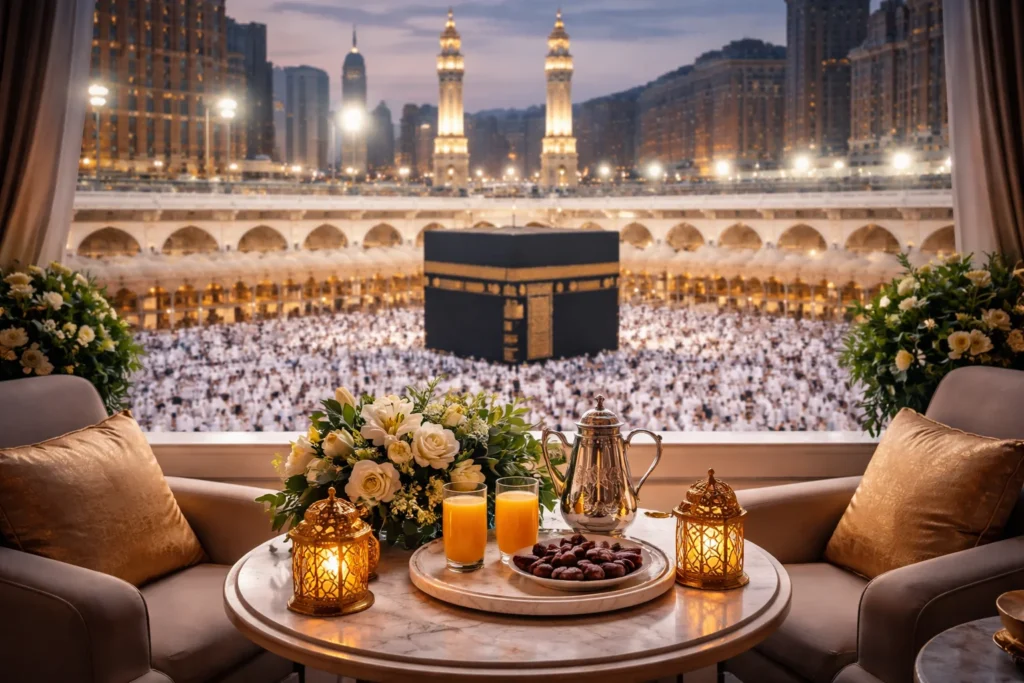 Home 54 Luxury Umrah Packages Scotland showing a five-star hotel view overlooking the Holy Kaaba in Makkah, with comfortable seating, premium hospitality setting, and pilgrims performing Tawaf at Masjid al-Haram.