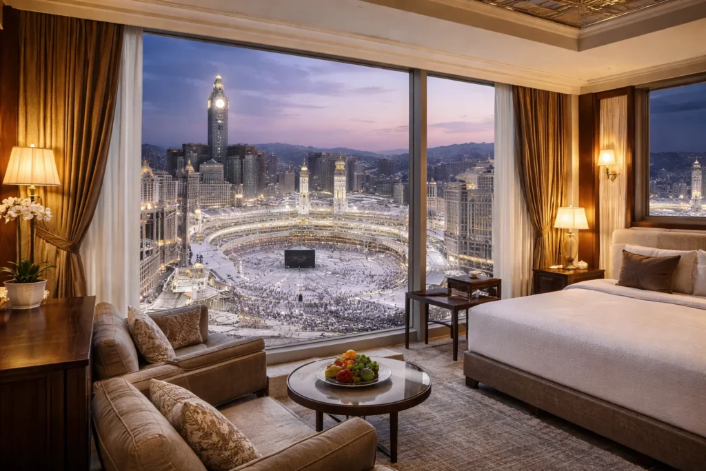 Home 54 Luxury hotel room with window view of Makkah and the Kaaba, showcasing premium Hotels Near Masjid al-Haram for Umrah pilgrims seeking comfort and proximity.