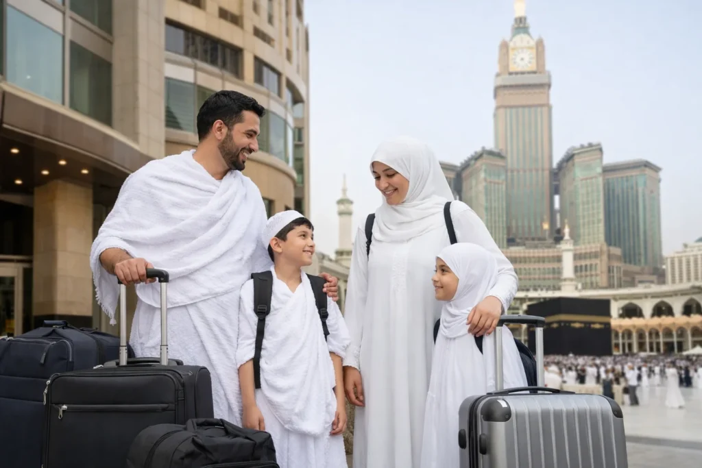 Home 54 Packing for Umrah with a Muslim family standing outside a hotel near Makkah, holding luggage and preparing for their spiritual journey with the Masjid al-Haram visible in the background.