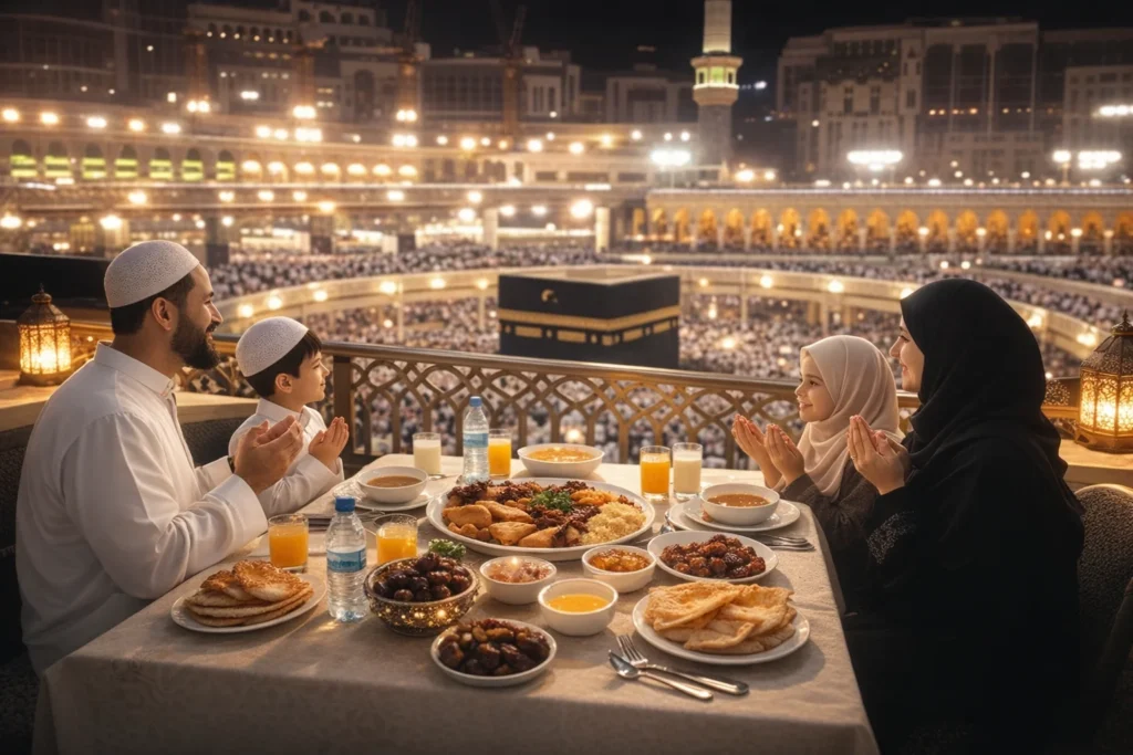 Home 55 Family performing Umrah in Ramadan 2026, sharing a blessed iftar meal with a direct view of the Holy Kaaba at Masjid al-Haram in Makkah, capturing a peaceful and spiritual moment together.