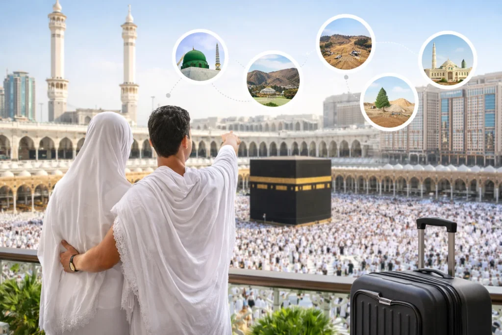 Home 54 Customized Umrah experience showing a Muslim couple overlooking the Kaaba in Makkah with Madinah hotels view and Ziyarat locations, highlighting a personalized Umrah journey from the UK.