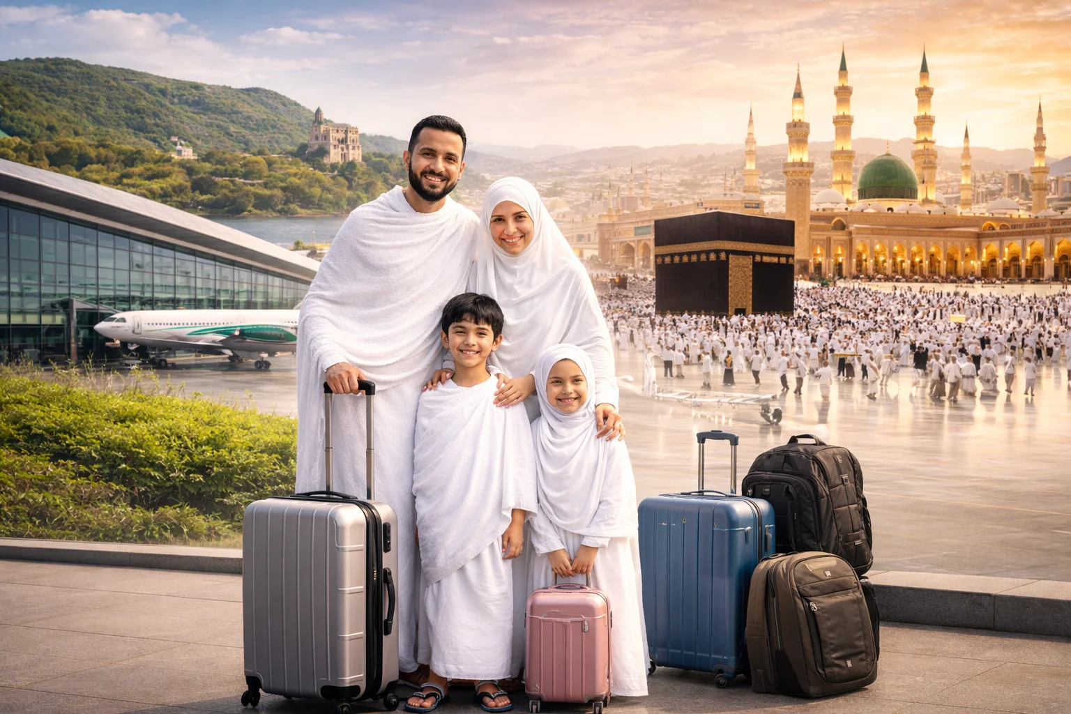 Muslim family with luggage departing from Ireland for Umrah, featuring Dublin Airport and authentic views of Makkah and Madinah, representing Umrah Packages Ireland 2026.