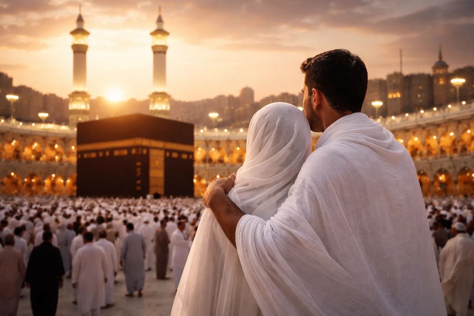 Couple performing Umrah together during Ramadan at the Kaaba, representing Ramadan Couple Umrah Packages Scotland