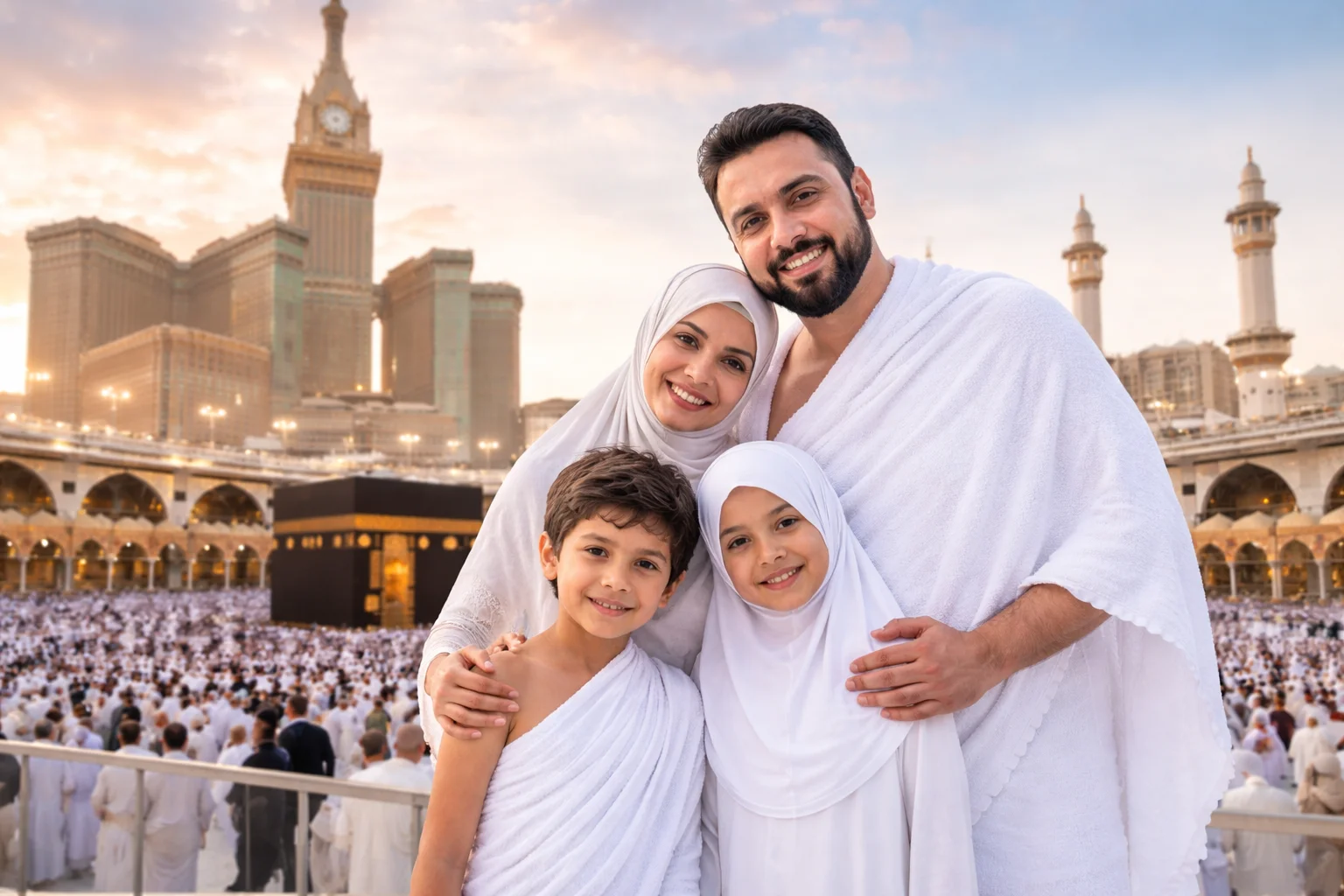 Happy Muslim family performing Umrah in Makkah, representing pilgrims planning to book Umrah from Scotland with flights, visa and travel arrangements in 2026