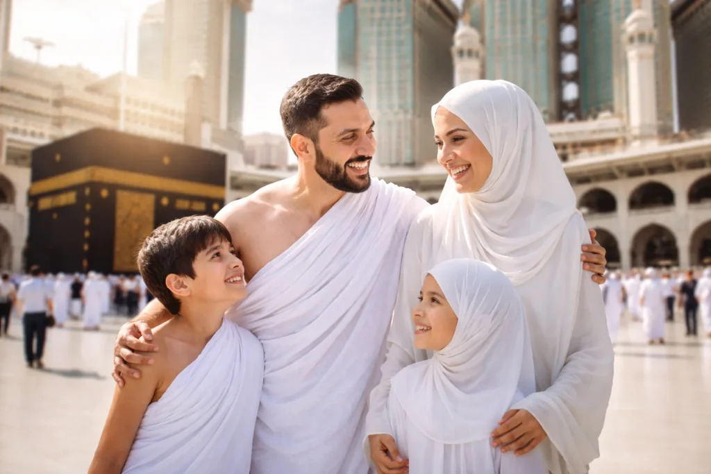 Home 54 Family enjoying a spiritual journey with VIP Umrah Packages Scotland near the Kaaba in Makkah during their luxury Umrah pilgrimage.