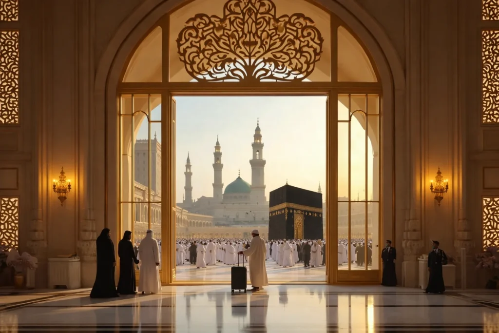 Home 54 Beautiful view of Makkah and Madina with pilgrims arriving through Safe Umrah Packages Scotland