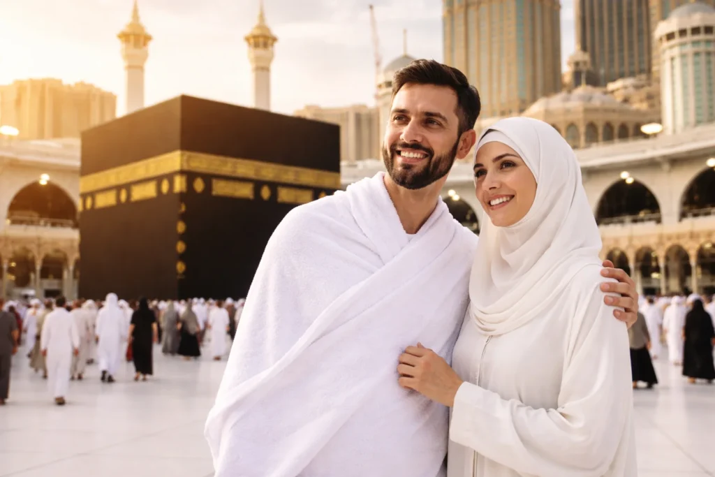 Home 54 Couple Umrah Packages Scotland – happy couple performing Umrah together in front of the Kaaba, enjoying a peaceful and spiritually fulfilling journey in Makkah
