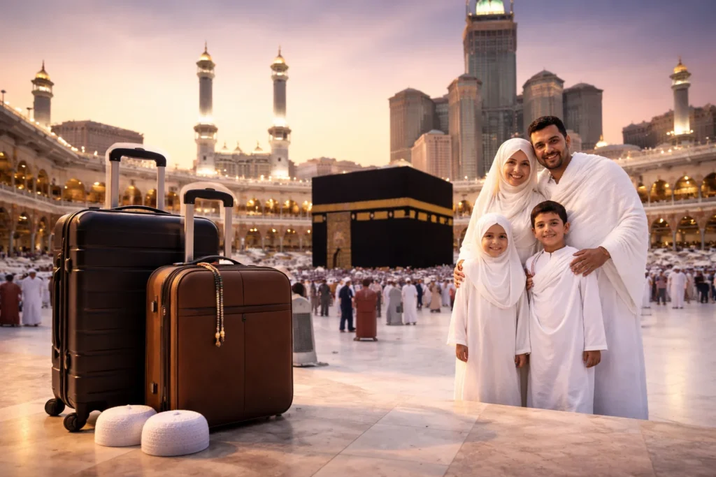 Home 54 A Muslim family of four at Masjid al-Haram in Mecca with suitcases and prayer caps in the foreground, representing travelers on a Low budget Umrah Packages Scotland journey.