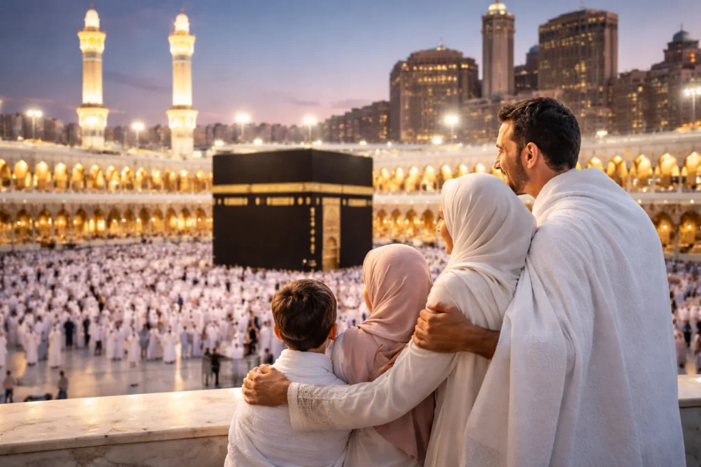 Home 54 Executive Umrah packages Scotland showcasing a happy family viewing the Kaaba in Makkah during a peaceful pilgrimage journey.