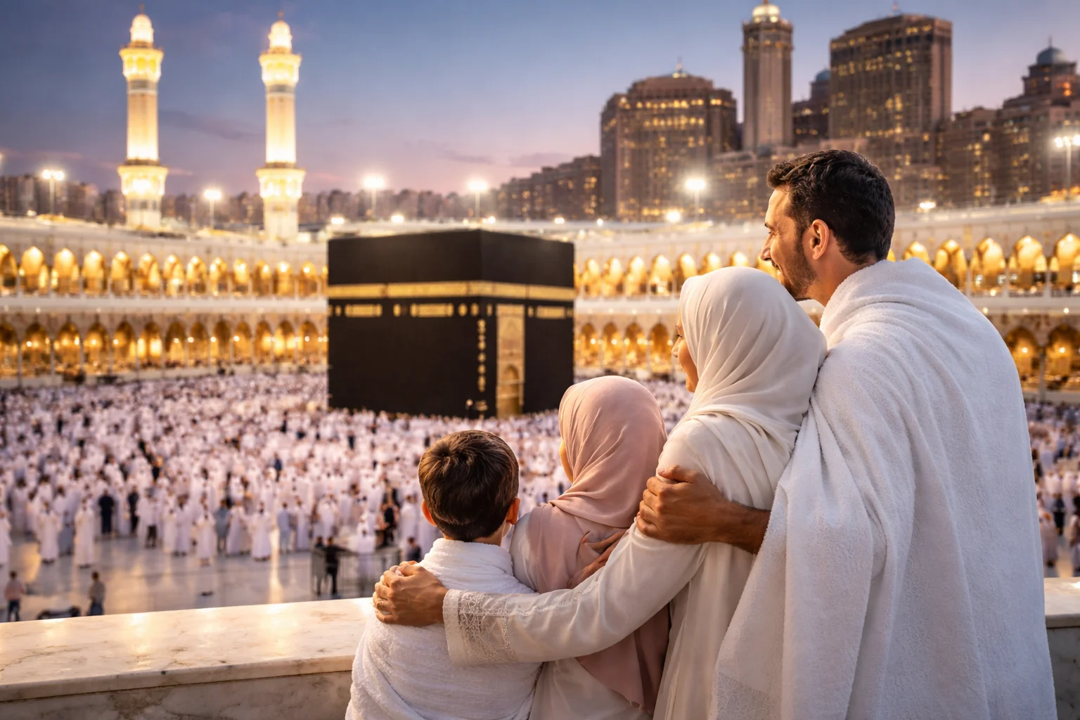 Blog 2 Executive Umrah packages Scotland showcasing a happy family viewing the Kaaba in Makkah during a peaceful pilgrimage journey.
