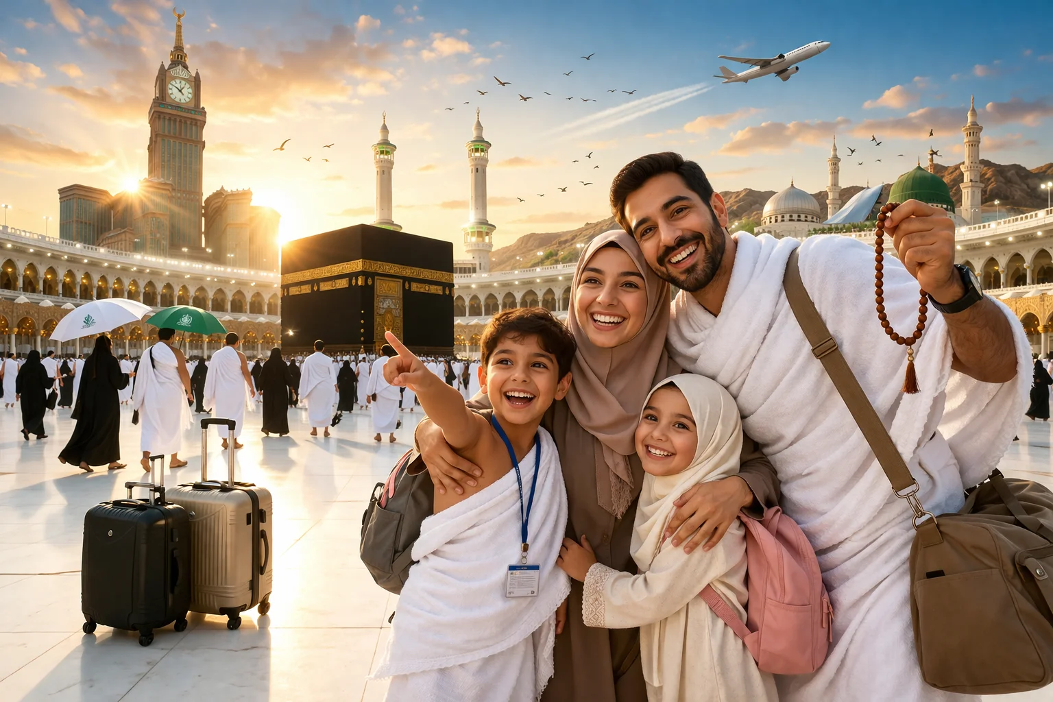 Happy family after performed Umrah with best family umrah package deals 2026.