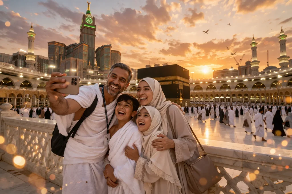 Home 54 Happy Muslim family after performing Umrah near Kaaba with Affordable Umrah package deals, enjoying a peaceful and spiritual journey together in Makkah