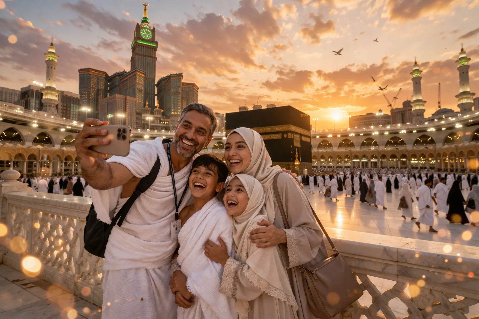 Happy Muslim family after performing Umrah near Kaaba with Affordable Umrah package deals, enjoying a peaceful and spiritual journey together in Makkah