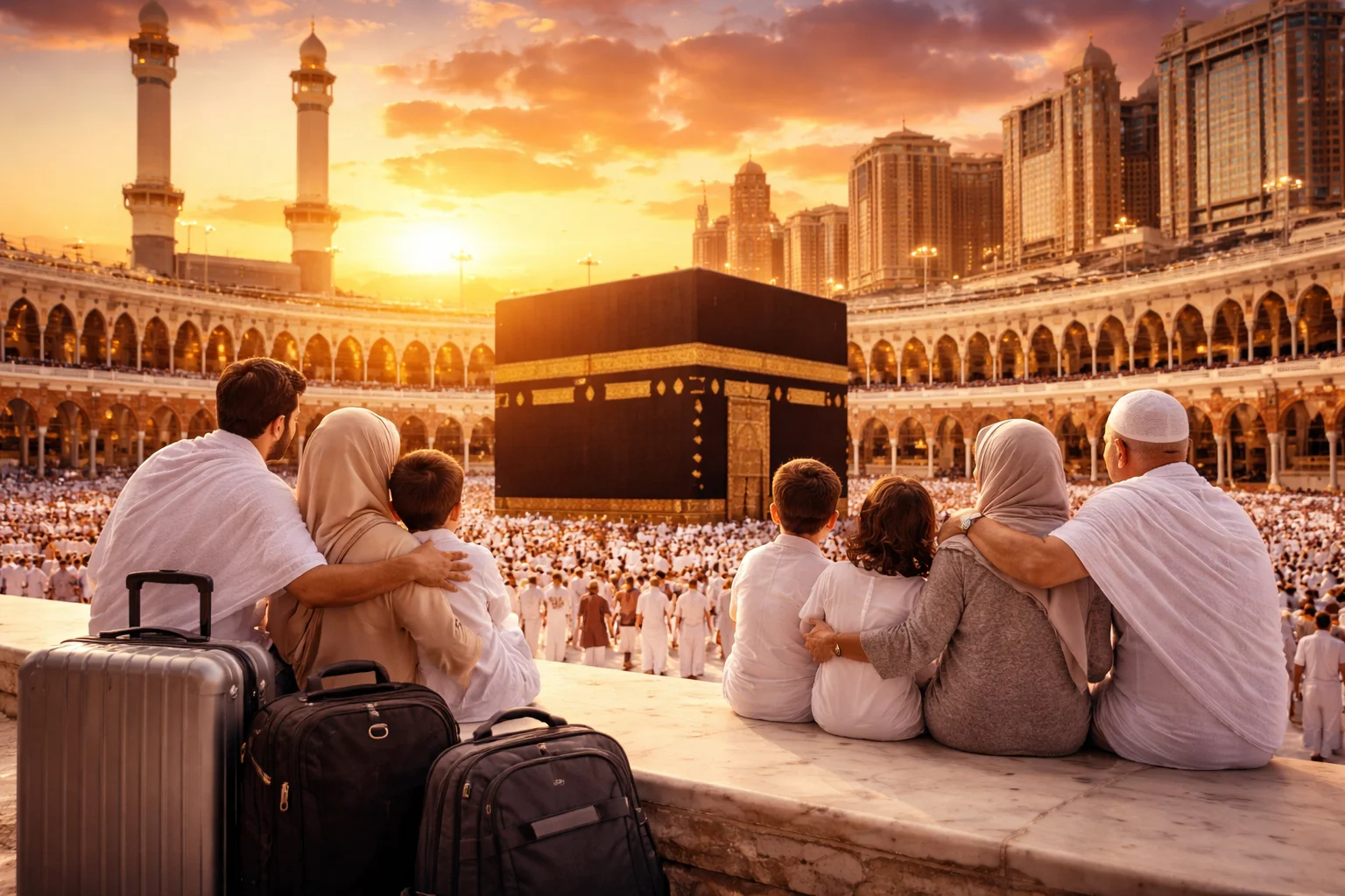Family performing Umrah near the Kaaba in Makkah with crowd of pilgrims, representing cheap Umrah package deals and affordable spiritual travel experience