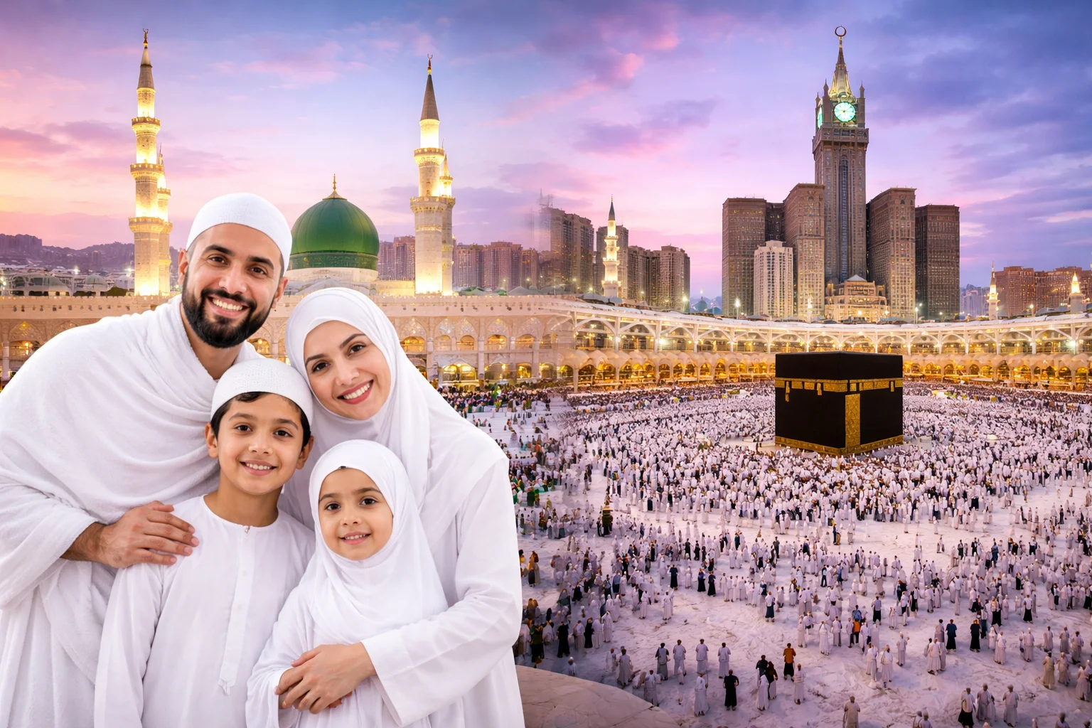 Happy Muslim family in Ihram standing in front of Masjid al-Nabawi and the Kaaba in Makkah during Umrah Season 2026, with pilgrims gathered under a beautiful sunset sky.