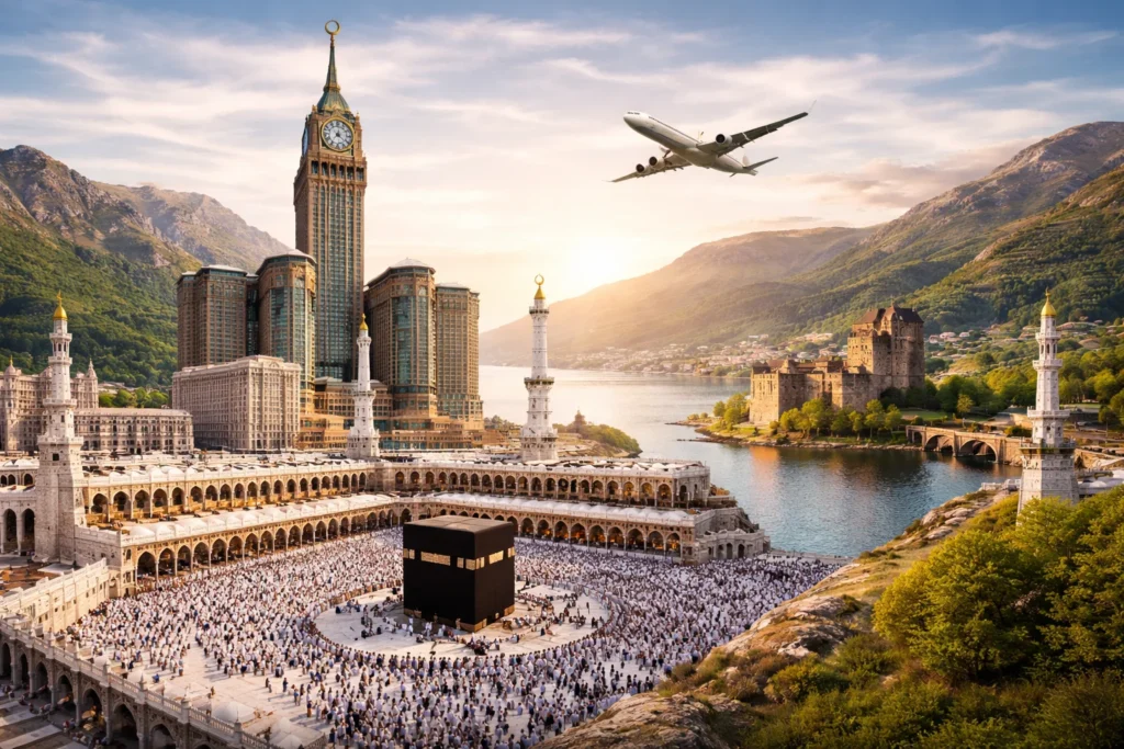 Home 55 5 Star Umrah Packages Scotland promotional image showing pilgrims performing Tawaf at the Kaaba in Makkah with luxury clock tower hotel backdrop and scenic Scottish landscape blended in a wide rectangular design.