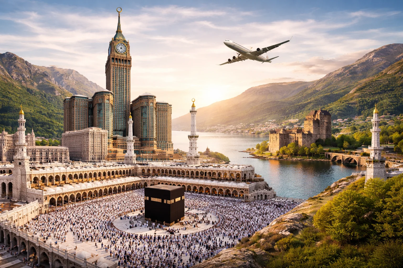 5-Star Umrah Packages Scotland promotional image showing pilgrims performing Tawaf at the Kaaba in Makkah with luxury clock tower hotel backdrop and scenic Scottish landscape blended in a wide rectangular design.