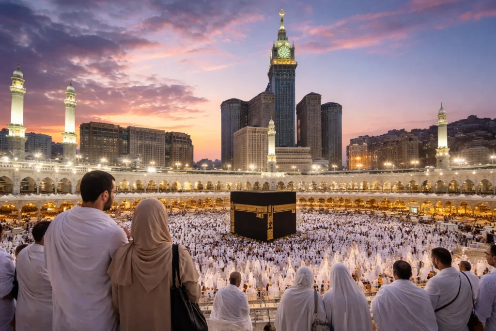 Home 54 Alt text: Scottish pilgrims performing Tawaf around the Kaaba at Masjid al-Haram during sunset, representing Last Minute Umrah Packages Scotland journey with illuminated Makkah skyline in the background.