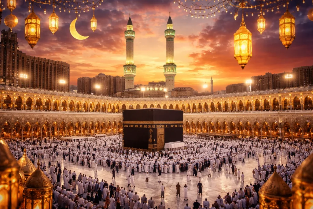 Home 54 Ramadan Last Days Umrah Packages Scotland pilgrims performing Tawaf around the Holy Kaaba in Masjid al-Haram during the blessed nights of Ramadan in Makkah.