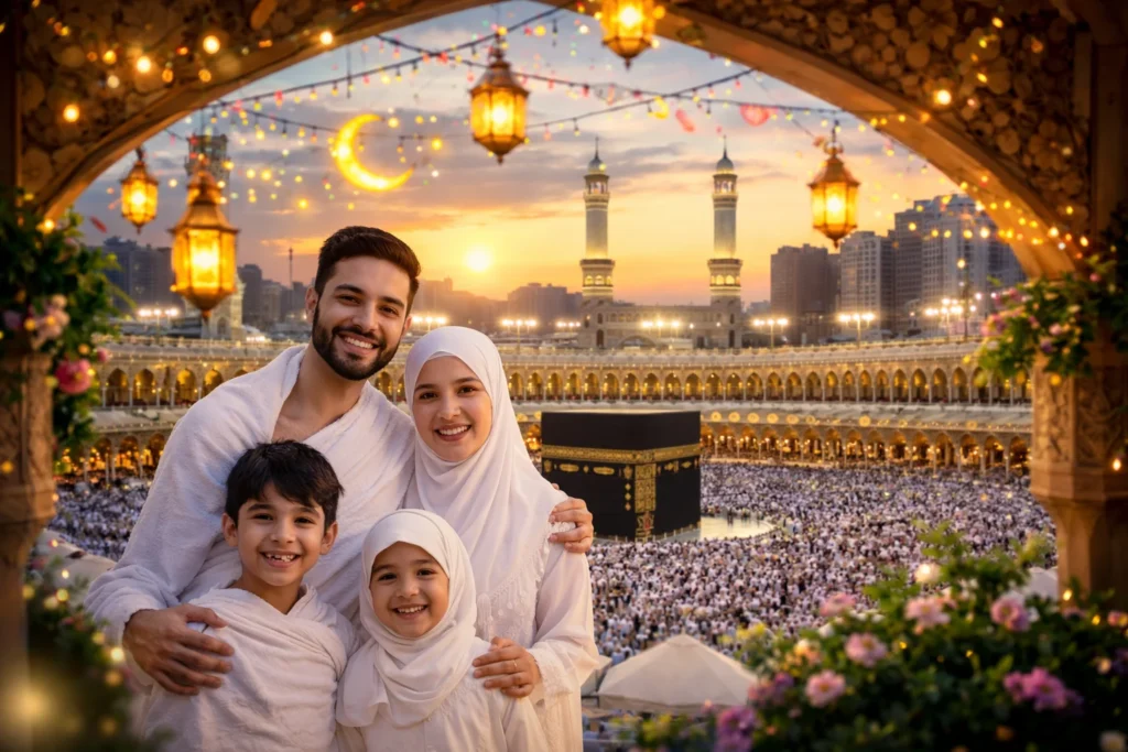 Home 55 Happy Muslim family performing Umrah near the Kaaba in Makkah during Eid, representing Eid Umrah Packages Scotland pilgrimage journey.