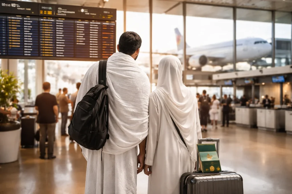 Home 54 Muslim couple in ihram standing at an airport departure hall preparing for Umrah flights from UK with luggage and flight information board in the background.