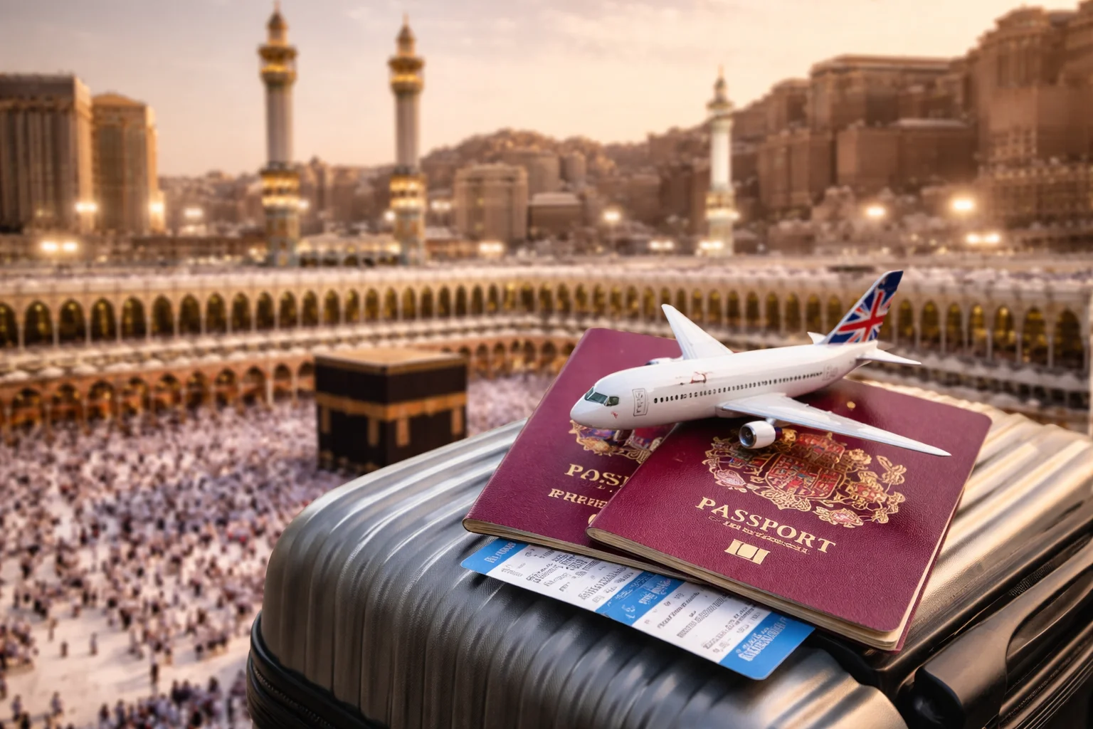 UK passports and airplane model overlooking the Kaaba in Makkah representing Umrah Flights From UK 2026 travel journey for British pilgrims to Saudi Arabia.
