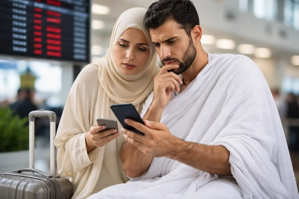 Home 54 Couple checking latest Umrah Flights Updates online while planning their Umrah journey and searching for flight information to Saudi Arabia.