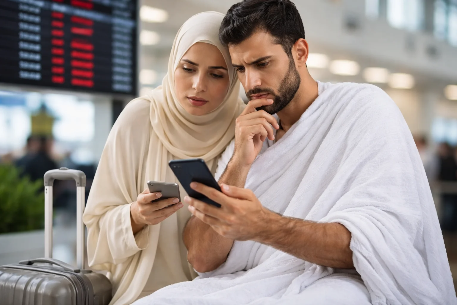 Couple checking latest Umrah Flights Updates online while planning their Umrah journey and searching for flight information to Saudi Arabia.