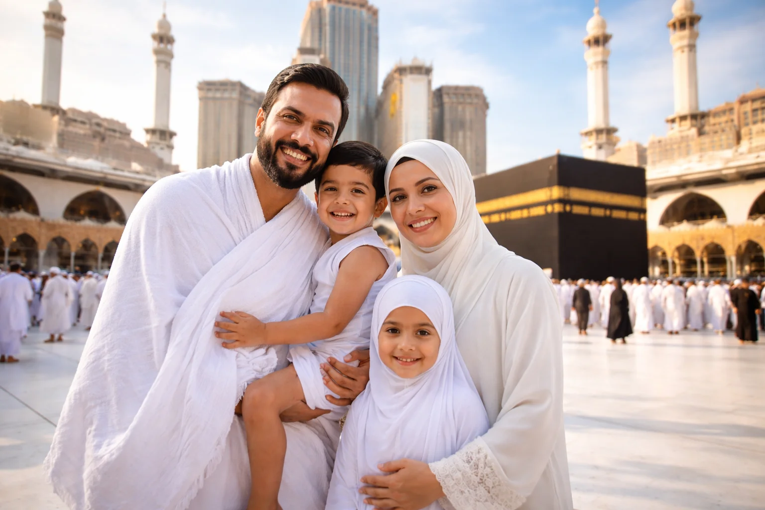 A family at Masjid al-Haram Performed Umrah with the best family Umrah deals UK.